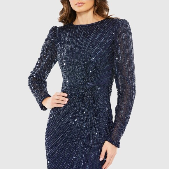 NWT Mac Duggal Embellished Puff Sleeve Side Knot Gown Navy 10 #8491 - Picture 2 of 8